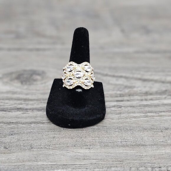 Vintage Gold Tone Multi Row CZ Diamond Cluster Chunky Wide Statement Ring - Picture 5 of 10